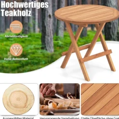 Beistelltisch klappbar wetterfester Klapptisch aus Teakholz runder Balkontisch 50 x 50 cm Natur