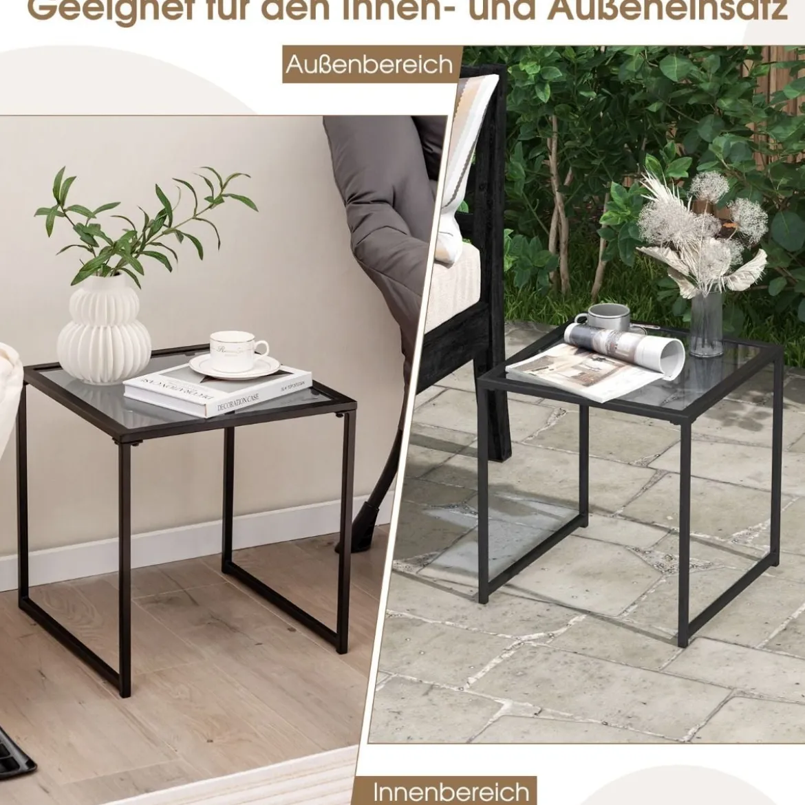 Beistelltisch Kleiner Gartentisch Balkontisch mit Tischplatte aus gehärtetem Glas 43 x 43 x 45 cm Schwarz