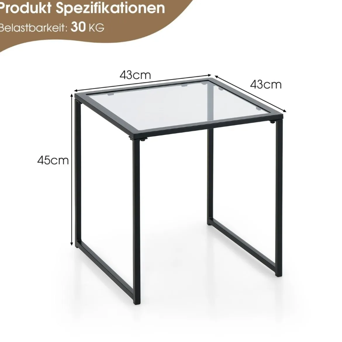 Beistelltisch Kleiner Gartentisch Balkontisch mit Tischplatte aus gehärtetem Glas 43 x 43 x 45 cm Schwarz