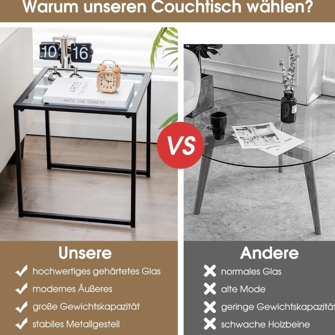 Beistelltisch Kleiner Gartentisch Balkontisch mit Tischplatte aus gehärtetem Glas 43 x 43 x 45 cm Schwarz
