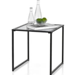 Beistelltisch Kleiner Gartentisch Balkontisch mit Tischplatte aus gehärtetem Glas 43 x 43 x 45 cm Schwarz
