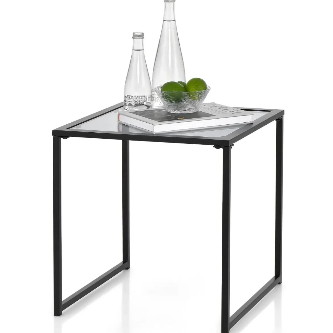 Beistelltisch Kleiner Gartentisch Balkontisch mit Tischplatte aus gehärtetem Glas 43 x 43 x 45 cm Schwarz