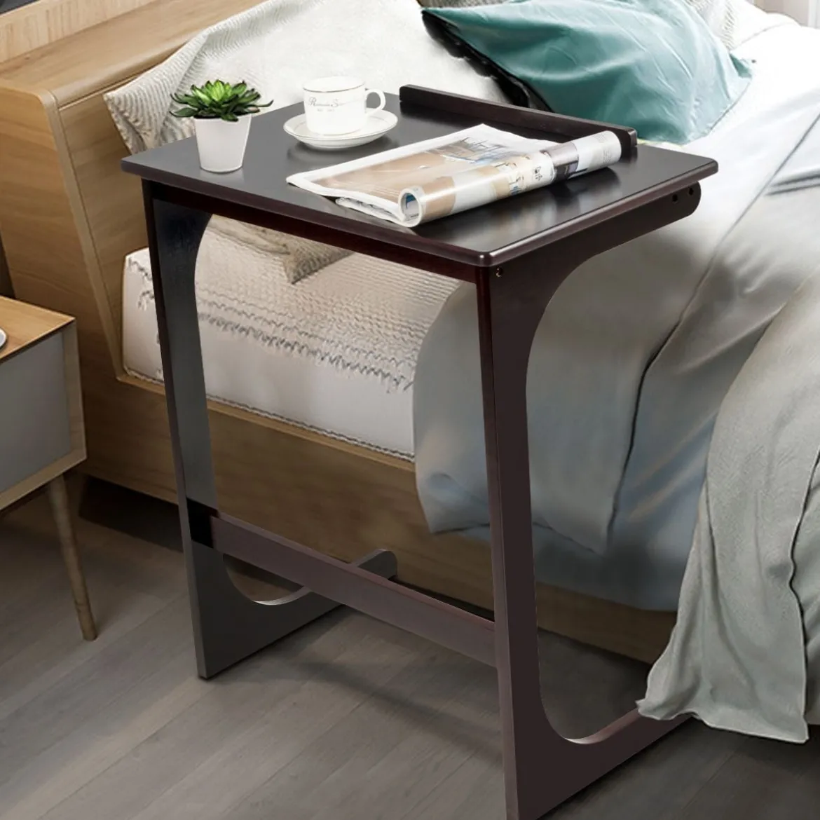 Beistelltisch Laptoptisch C-förmig Kaffeetisch Computertisch Bambus Stehtisch mit Metallgestell Couchtisch Braun