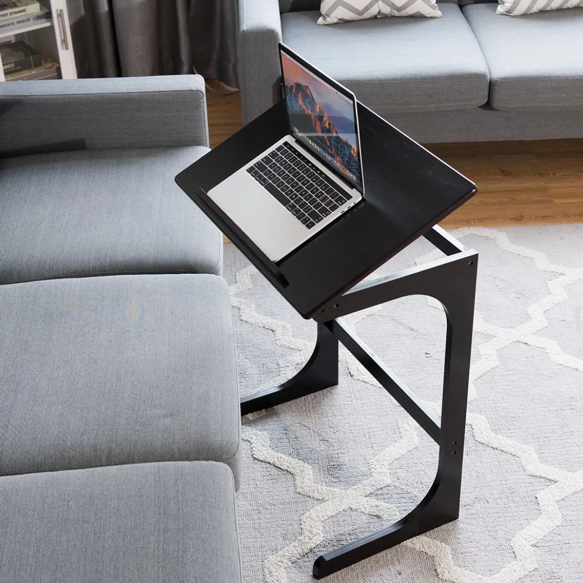 Beistelltisch Laptoptisch C-förmig Kaffeetisch Computertisch Bambus Stehtisch mit Metallgestell Couchtisch Braun