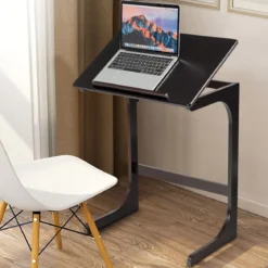 Beistelltisch Laptoptisch C-förmig Kaffeetisch Computertisch Bambus Stehtisch mit Metallgestell Couchtisch Braun