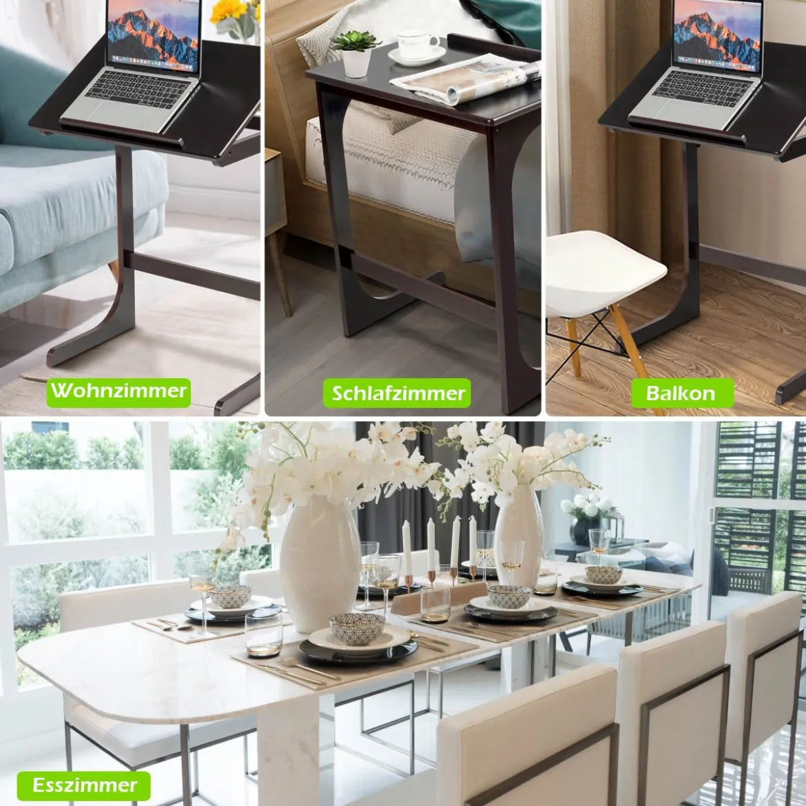 Beistelltisch Laptoptisch C-förmig Kaffeetisch Computertisch Bambus Stehtisch mit Metallgestell Couchtisch Braun