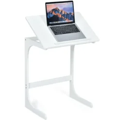 Beistelltisch Laptoptisch C-förmig Kaffeetisch Computertisch Bambus Stehtisch mit Metallgestell Couchtisch Weiß