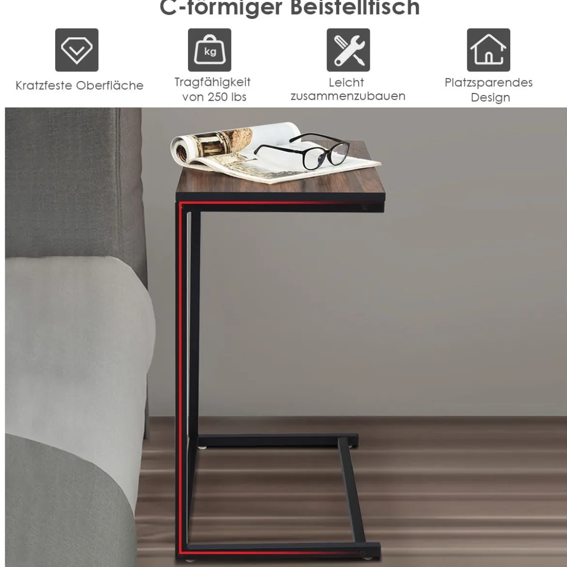 Beistelltisch Laptoptisch Sofatisch Notebooktisch Pflegetisch Metall und Holz 55 x 35 x 65 cm Braun