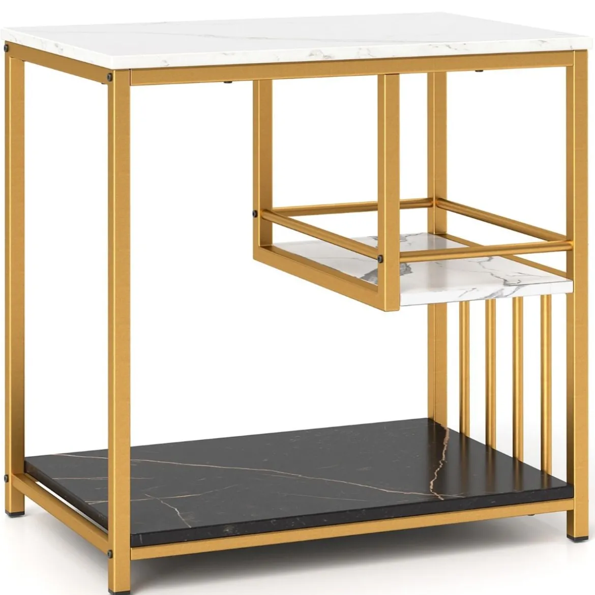 Beistelltisch Marmor Optik 3-stufiger Nachttisch mit Metallrahmen Couchtisch modern Wohnzimmertisch Weiß