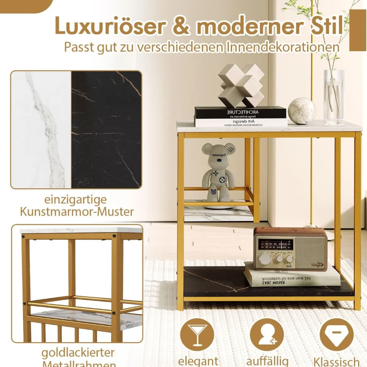 Beistelltisch Marmor Optik 3-stufiger Nachttisch mit Metallrahmen Couchtisch modern Wohnzimmertisch Weiß