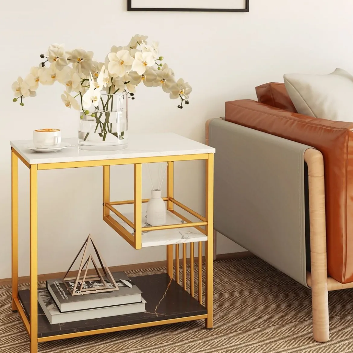 Beistelltisch Marmor Optik 3-stufiger Nachttisch mit Metallrahmen Couchtisch modern Wohnzimmertisch Weiß