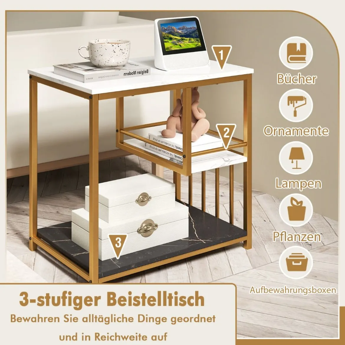 Beistelltisch Marmor Optik 3-stufiger Nachttisch mit Metallrahmen Couchtisch modern Wohnzimmertisch Weiß