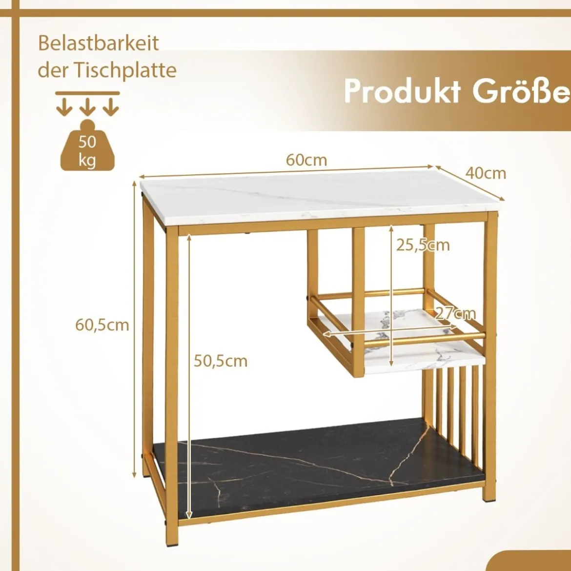 Beistelltisch Marmor Optik 3-stufiger Nachttisch mit Metallrahmen Couchtisch modern Wohnzimmertisch Weiß