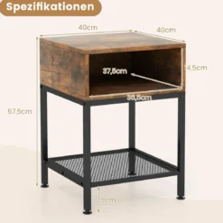 Beistelltisch mit Ablagefach und Gitterablage Nachttisch mit Metallrahmen 40 x 40 x 57,5 cm