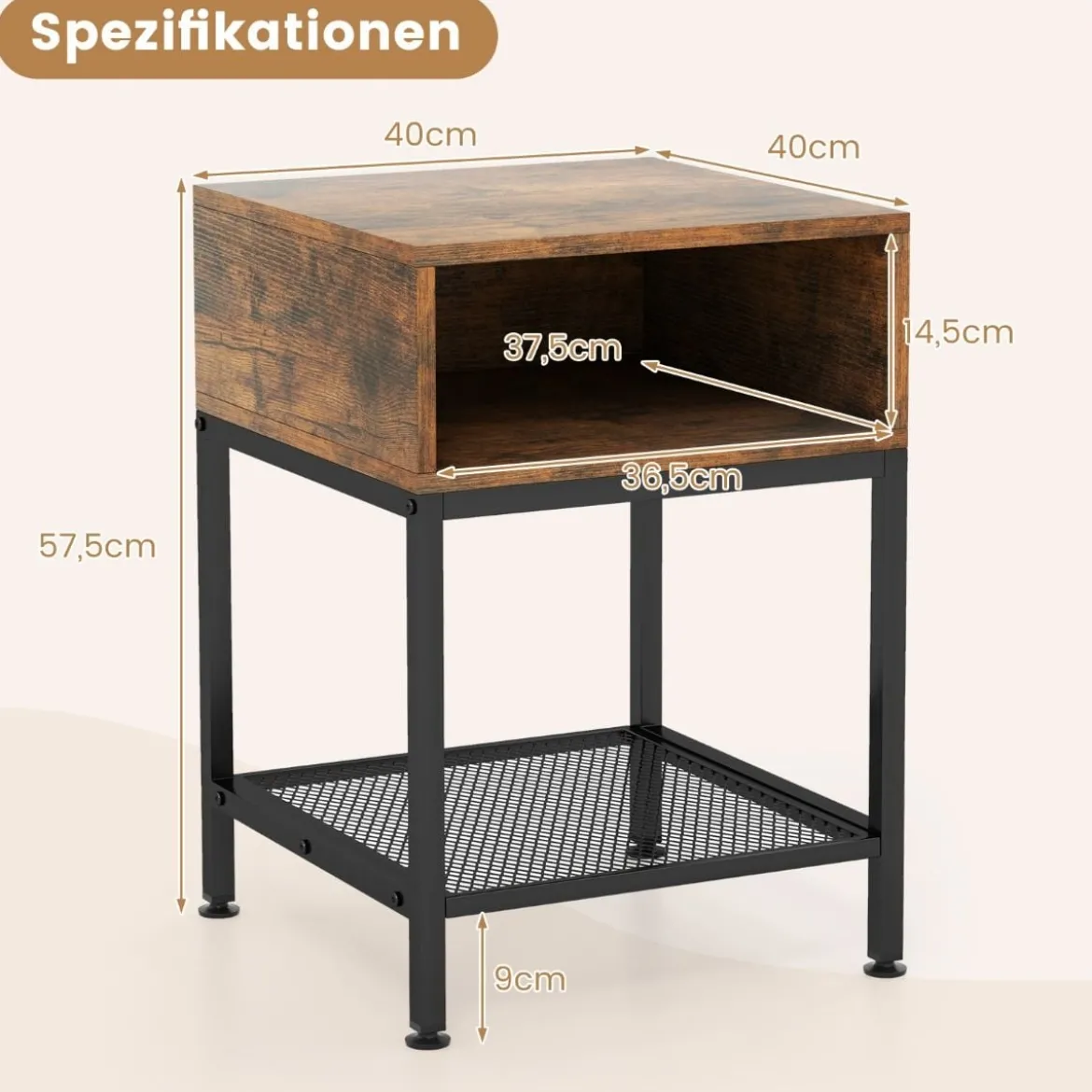 Beistelltisch mit Ablagefach und Gitterablage Nachttisch mit Metallrahmen 40 x 40 x 57,5 cm