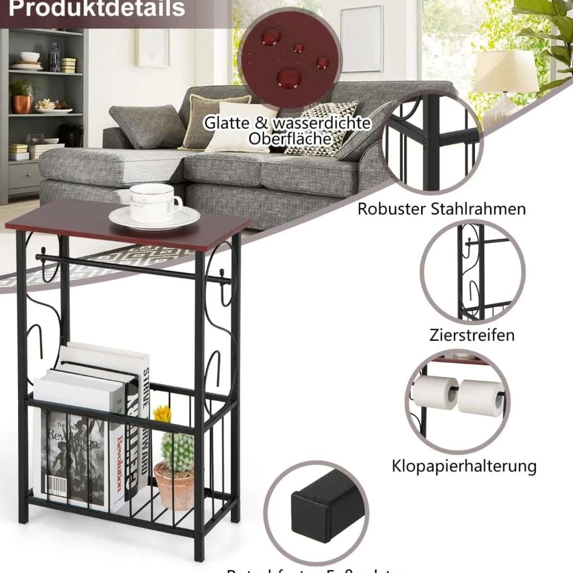 Beistelltisch mit Ablage & Korb & Toilettenpapierhalter Badzimmerregal 37 x 20 x 55 cm