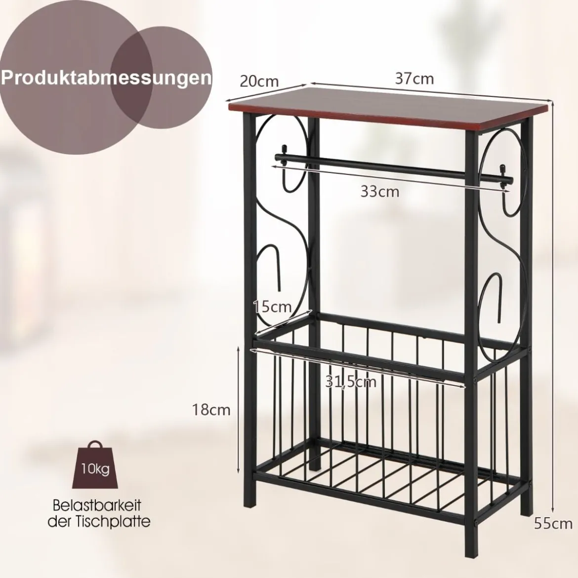 Beistelltisch mit Ablage & Korb & Toilettenpapierhalter Badzimmerregal 37 x 20 x 55 cm