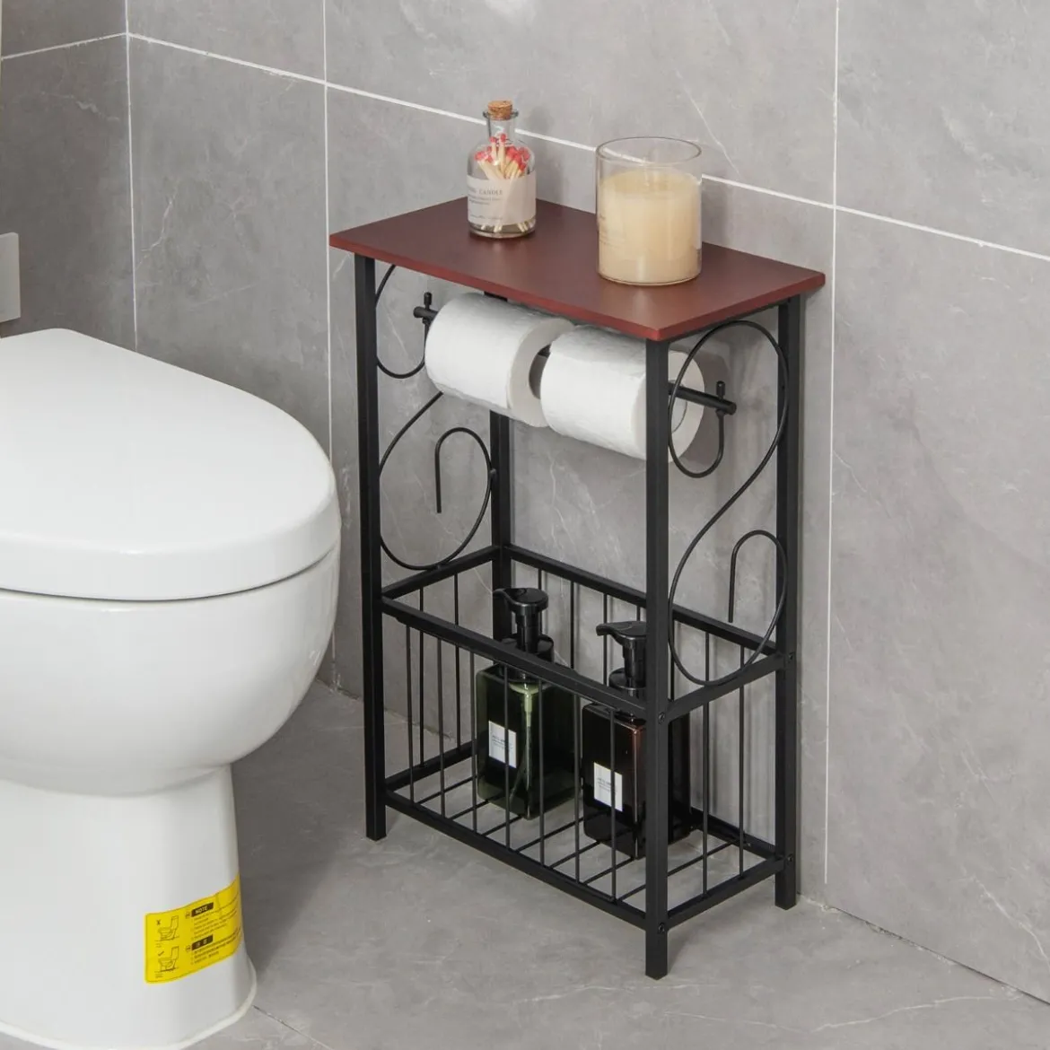 Beistelltisch mit Ablage & Korb & Toilettenpapierhalter Badzimmerregal 37 x 20 x 55 cm