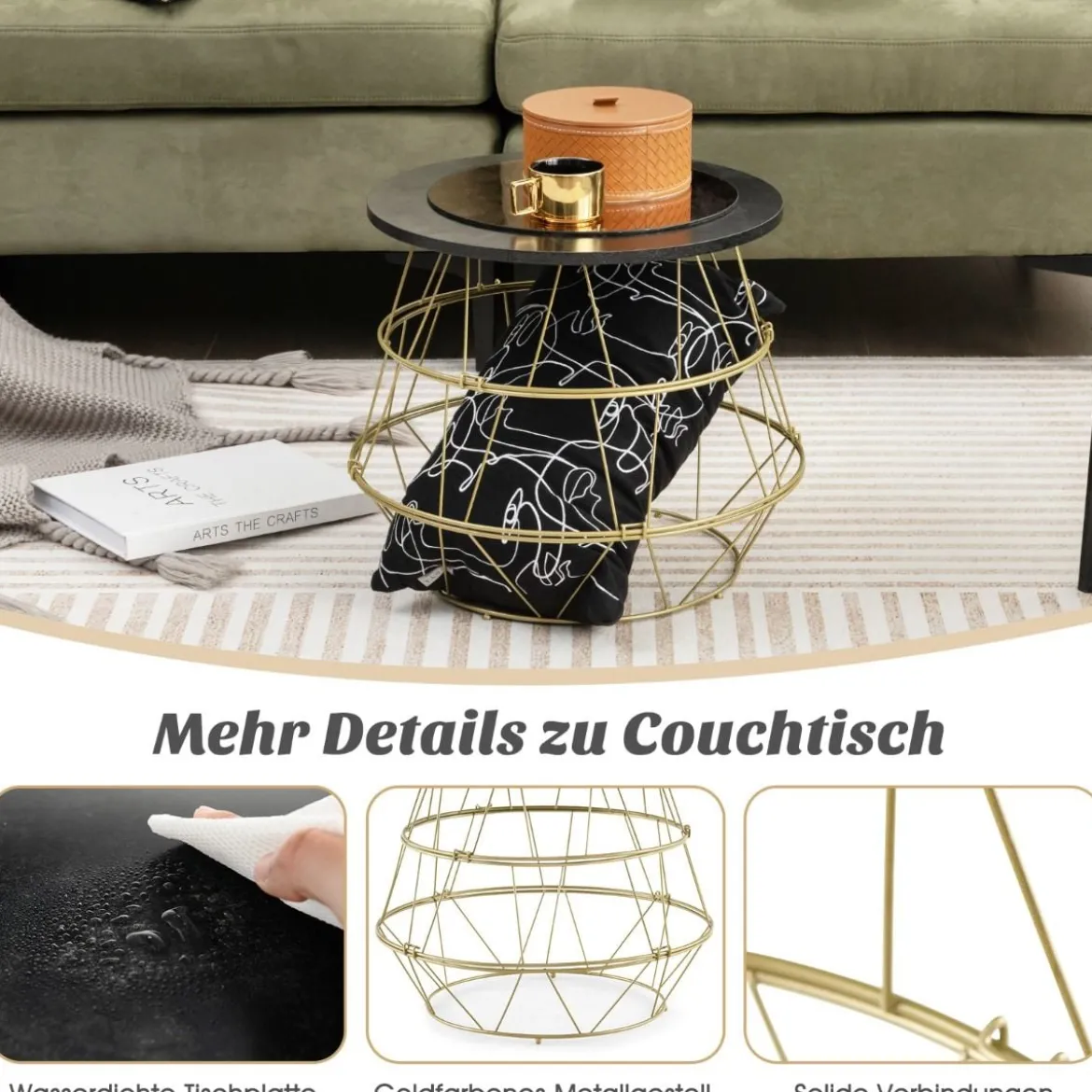 Beistelltisch mit Abnehmbarer Tischplatte & Stauraum 40 x 40 x 38 cm Schwarz + Gold