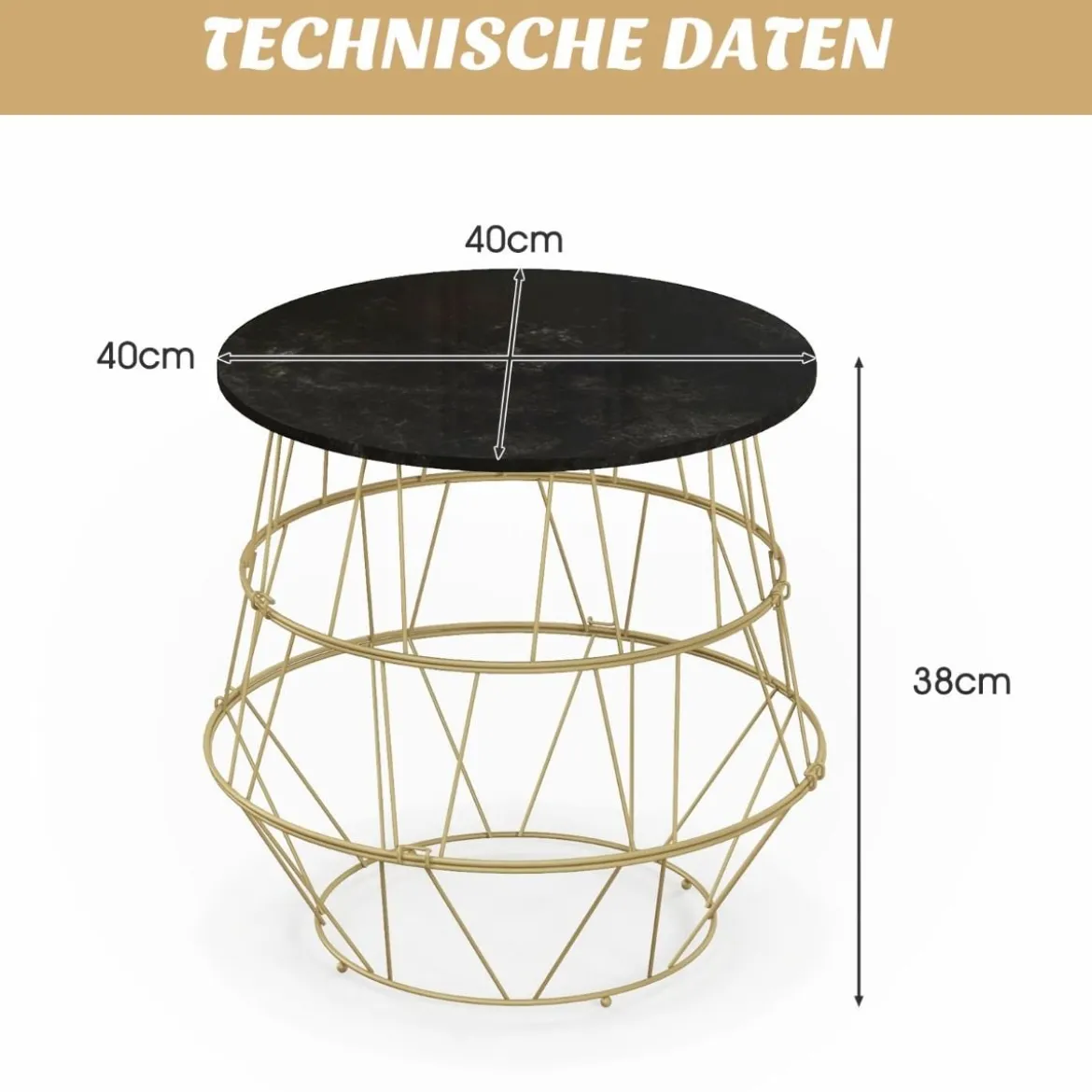 Beistelltisch mit Abnehmbarer Tischplatte & Stauraum 40 x 40 x 38 cm Schwarz + Gold