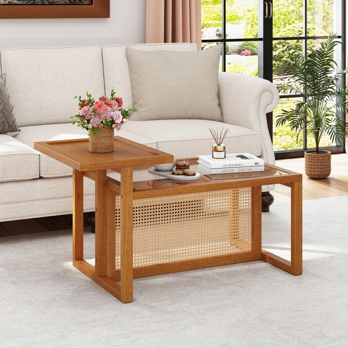 Beistelltisch mit 2 Ebenen Couchtisch mit Gehärteter Glasplatte 102 x 56 x 56 cm Natur