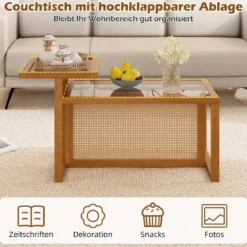 Beistelltisch mit 2 Ebenen Couchtisch mit Gehärteter Glasplatte 102 x 56 x 56 cm Natur