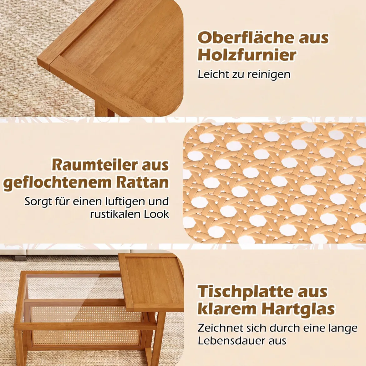 Beistelltisch mit 2 Ebenen Couchtisch mit Gehärteter Glasplatte 102 x 56 x 56 cm Natur