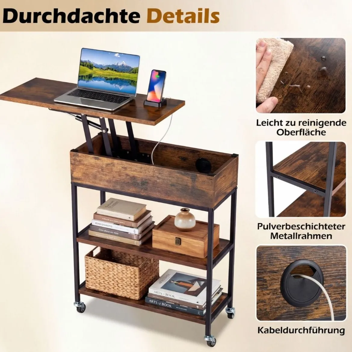 Beistelltisch mit Hebeplatte & Ladestation & Verstecktem Stauraum & Regalen Rollbarer Couchtisch