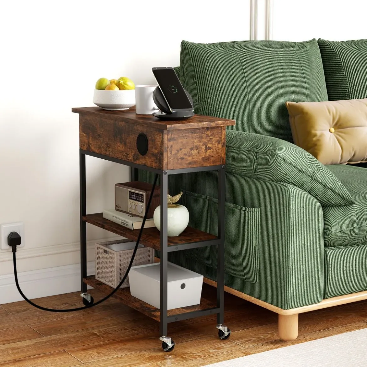 Beistelltisch mit Hebeplatte & Ladestation & Verstecktem Stauraum & Regalen Rollbarer Couchtisch