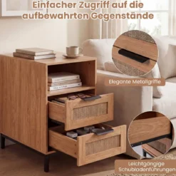 Beistelltisch mit Ladestation & 2 Schubladen Nachttisch aus Ratten & Holz Sofatisch Natur