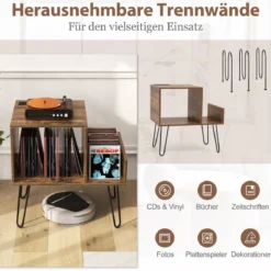 Beistelltisch mit Ladestation Plattenspielerständer mit Trennwänden Grau/Rustikales Braun