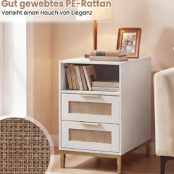 Beistelltisch mit Ladestation & 2 Schubladen Nachttisch aus Ratten & Holz Sofatisch Weiß