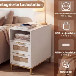 Beistelltisch mit Ladestation & 2 Schubladen Nachttisch aus Ratten & Holz Sofatisch Weiß