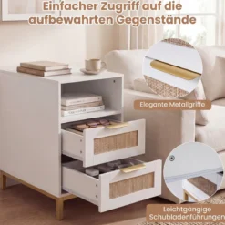 Beistelltisch mit Ladestation & 2 Schubladen Nachttisch aus Ratten & Holz Sofatisch Weiß