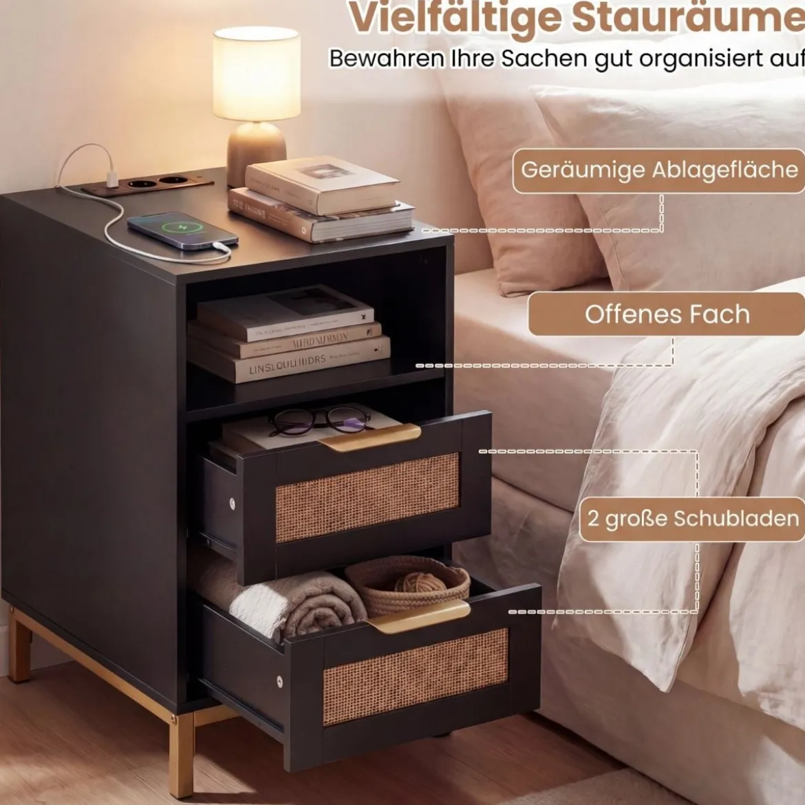 Beistelltisch mit Ladestation & 2 Schubladen Nachttisch aus Ratten & Holz Sofatisch Schwarz