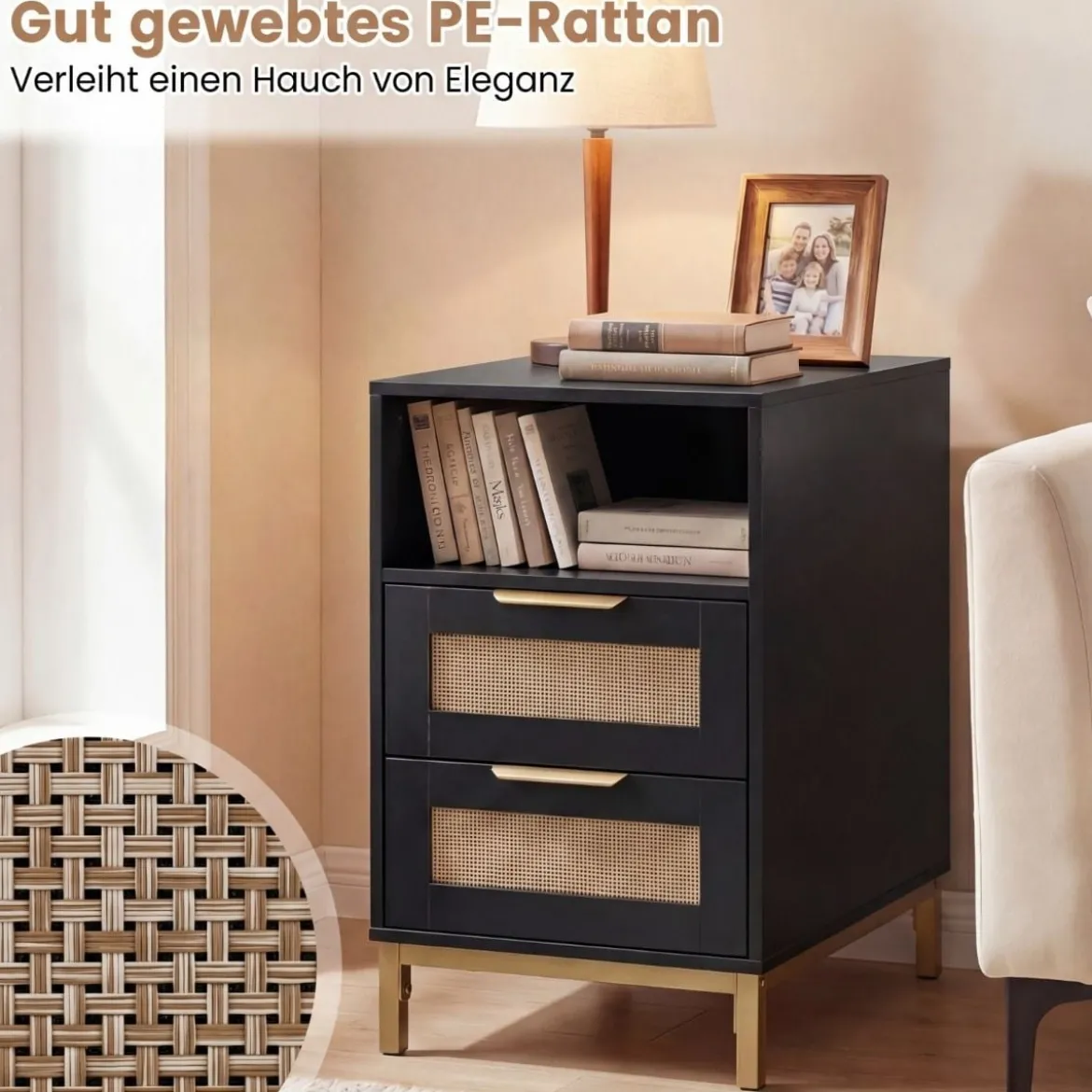 Beistelltisch mit Ladestation & 2 Schubladen Nachttisch aus Ratten & Holz Sofatisch Schwarz