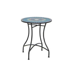 Beistelltisch mit Mosaikplatte aus Keramikfliesen Bistrotisch mit Gebogenen Metallbeinen Blau