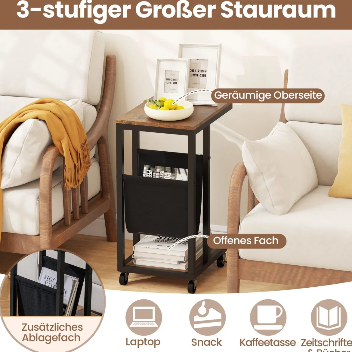 Beistelltisch mit Rollen C-Form Sofatisch Kaffeetisch Wohnzimmertisch mit Metallgestell