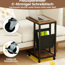 Beistelltisch mit Rollen C-Form Sofatisch Kaffeetisch Wohnzimmertisch mit Metallgestell