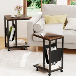 Beistelltisch mit Rollen C-Form Sofatisch Kaffeetisch Wohnzimmertisch mit Metallgestell