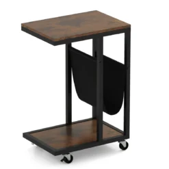 Beistelltisch mit Rollen C-Form Sofatisch Kaffeetisch Wohnzimmertisch mit Metallgestell