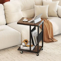 Beistelltisch mit Rollen C-Form Sofatisch Kaffeetisch Wohnzimmertisch mit Metallgestell