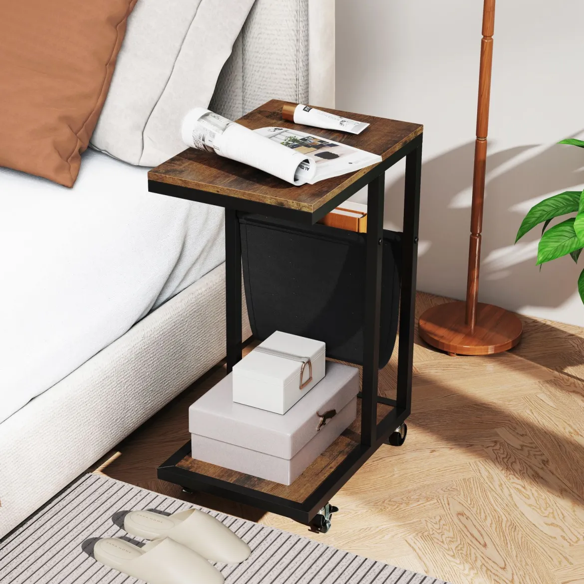 Beistelltisch mit Rollen C-Form Sofatisch Kaffeetisch Wohnzimmertisch mit Metallgestell