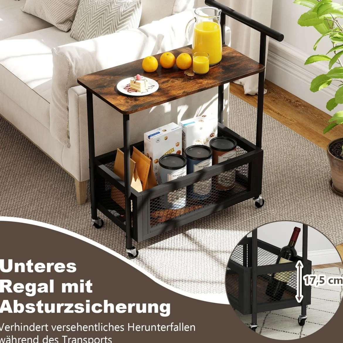 Beistelltisch mit Rollen Couchtisch mit Griff Wohnzimmertisch mit offener Ablagefläche 60 x 40 x 72 cm Schwarz