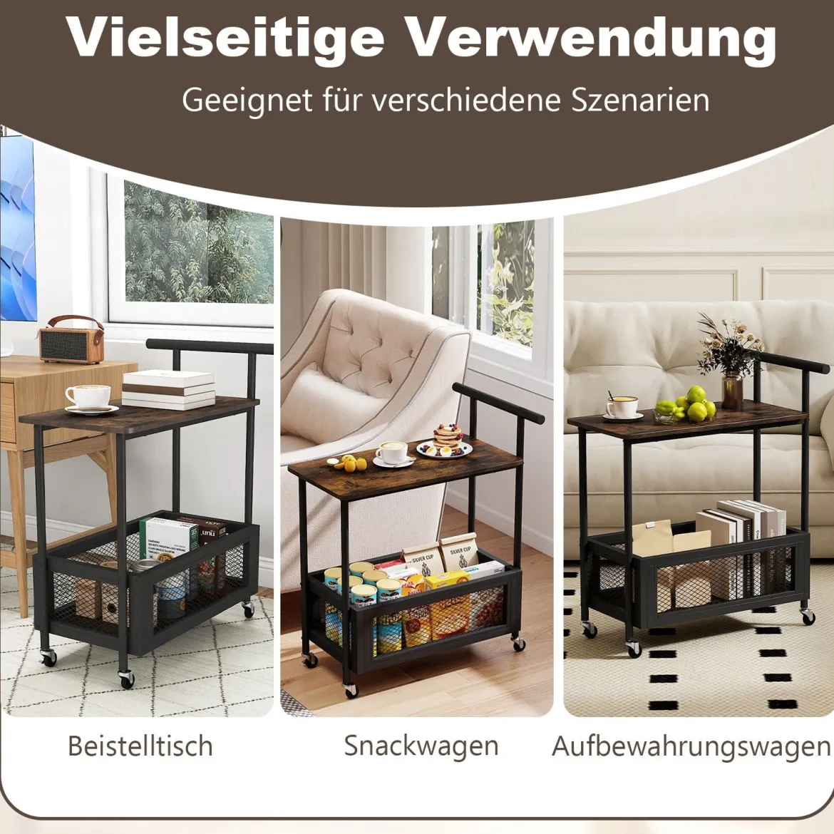 Beistelltisch mit Rollen Couchtisch mit Griff Wohnzimmertisch mit offener Ablagefläche 60 x 40 x 72 cm Schwarz