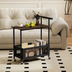 Beistelltisch mit Rollen Couchtisch mit Griff Wohnzimmertisch mit offener Ablagefläche 60 x 40 x 72 cm Schwarz