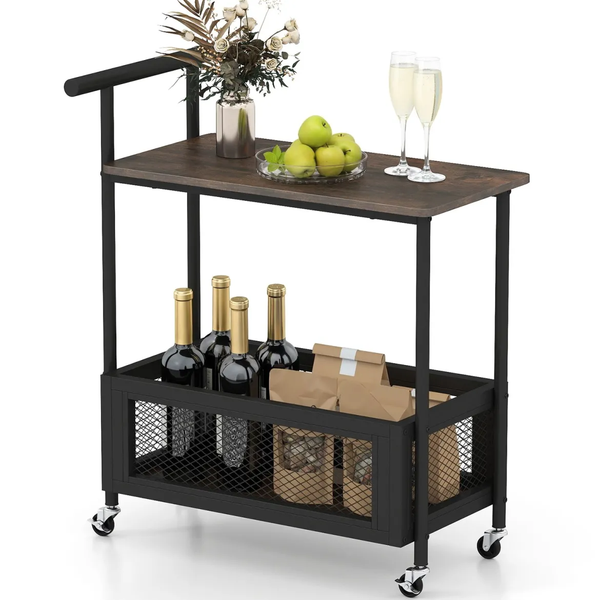 Beistelltisch mit Rollen Couchtisch mit Griff Wohnzimmertisch mit offener Ablagefläche 60 x 40 x 72 cm Schwarz