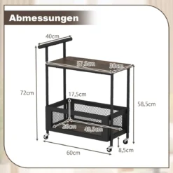 Beistelltisch mit Rollen Couchtisch mit Griff Wohnzimmertisch mit offener Ablagefläche 60 x 40 x 72 cm Schwarz