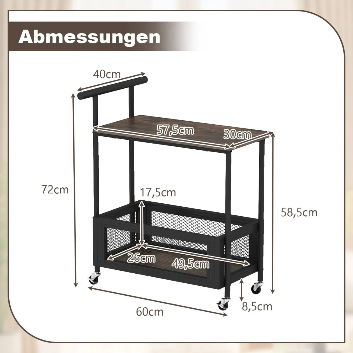 Beistelltisch mit Rollen Couchtisch mit Griff Wohnzimmertisch mit offener Ablagefläche 60 x 40 x 72 cm Schwarz