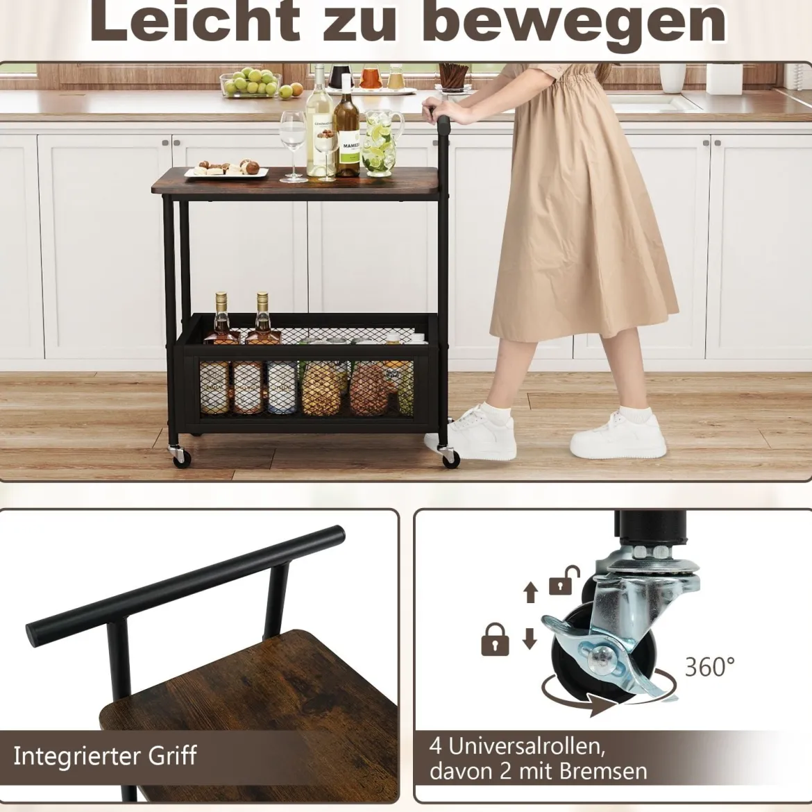 Beistelltisch mit Rollen Couchtisch mit Griff Wohnzimmertisch mit offener Ablagefläche 60 x 40 x 72 cm Schwarz